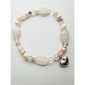 925 Sterling Silver Heart Charm Semi Precious Stone Bead Bracelet Stretchy